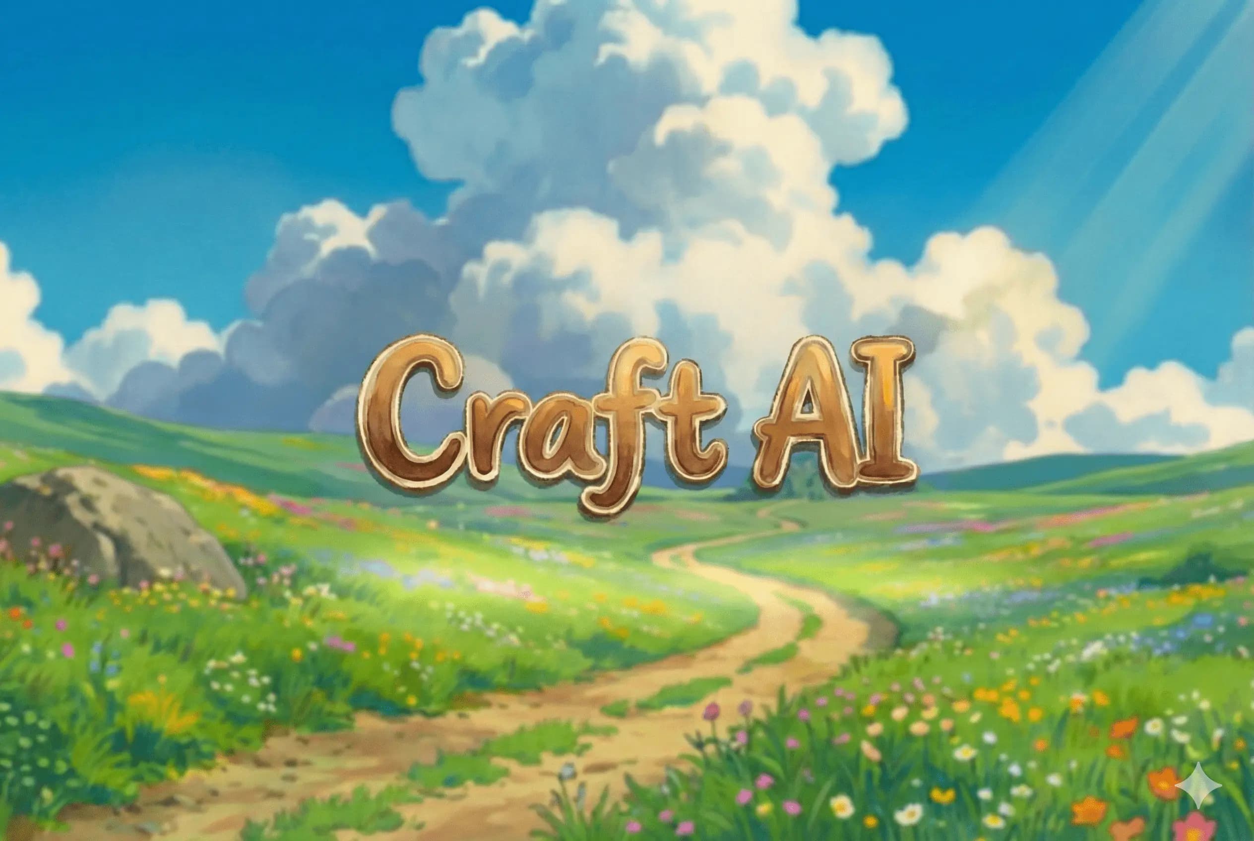 Studio Ghibli inspired landscape of green hills and clouds created using an AI image generator from photo.