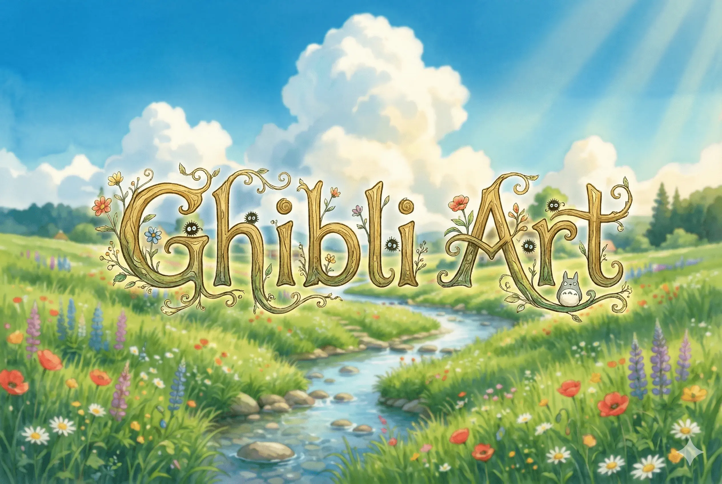 A wide panoramic landscape showing a lush meadow and clouds in the iconic Studio Ghibli art style created by Craft AI.